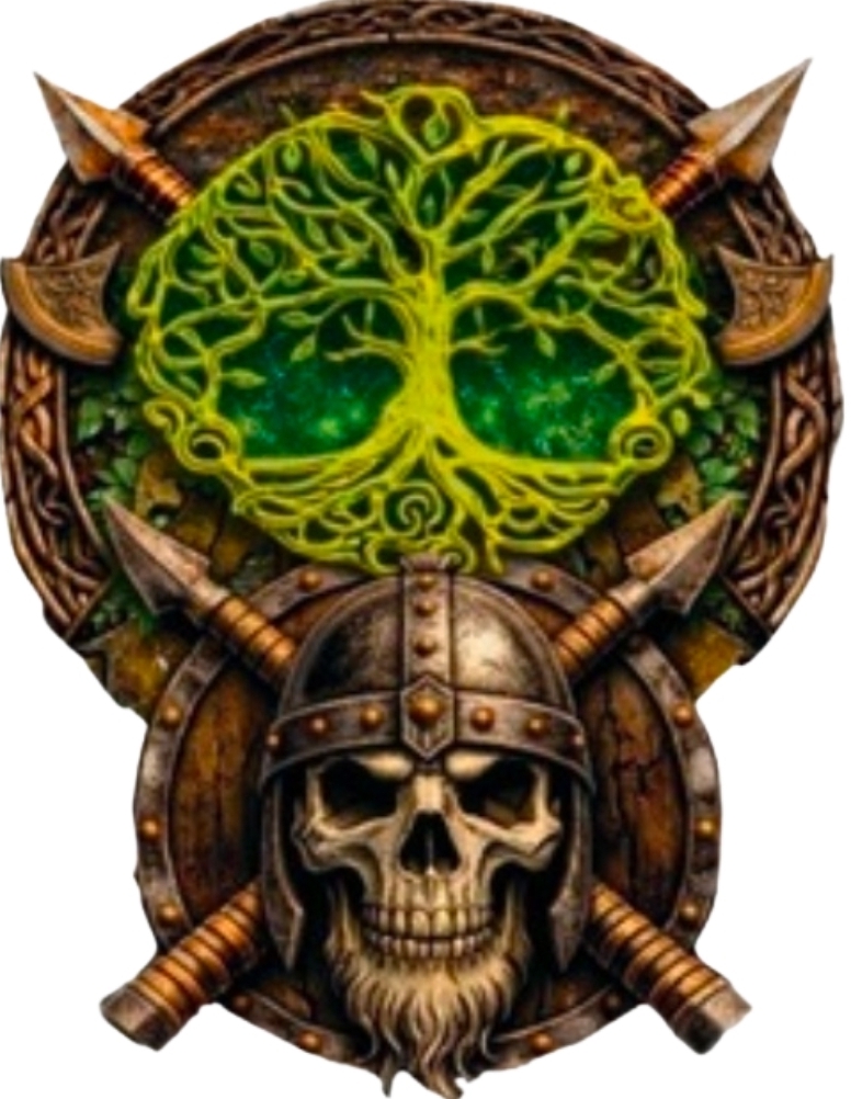 Asgard's Gardens Landscaping emblem: Viking skull in a helmet beneath the Yggdrasil tree of life, with crossed axes